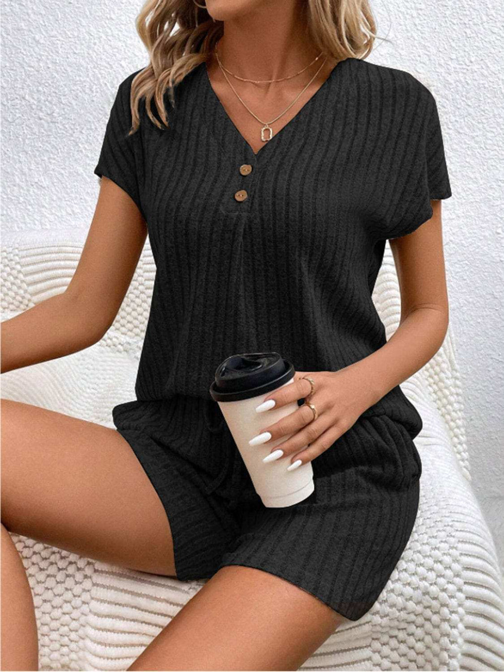 Ribbed V-Neck Top and Shorts Set - Trendsi - Flyclothing LLC