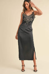 Mable Embroidered Cami Satin Midi Slit Dress - Trendsi - Flyclothing LLC