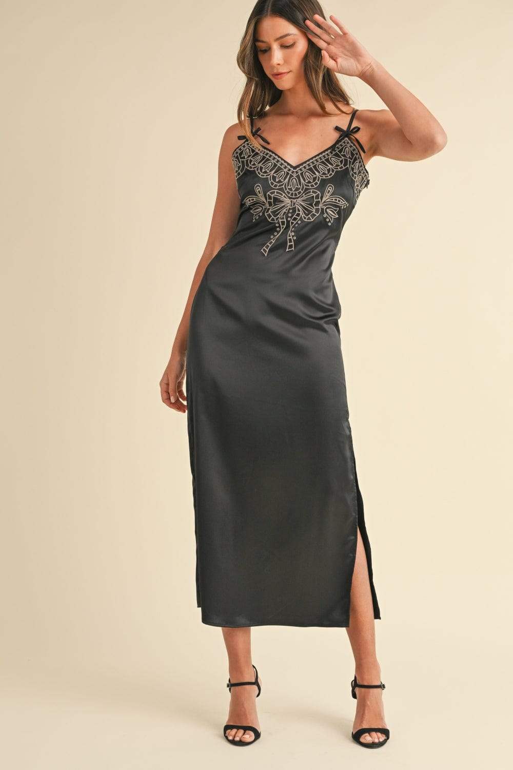 Mable Embroidered Cami Satin Midi Slit Dress - Trendsi - Flyclothing LLC