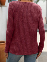Ribbed V-Neck Long Sleeve T-Shirt - Trendsi - Flyclothing LLC