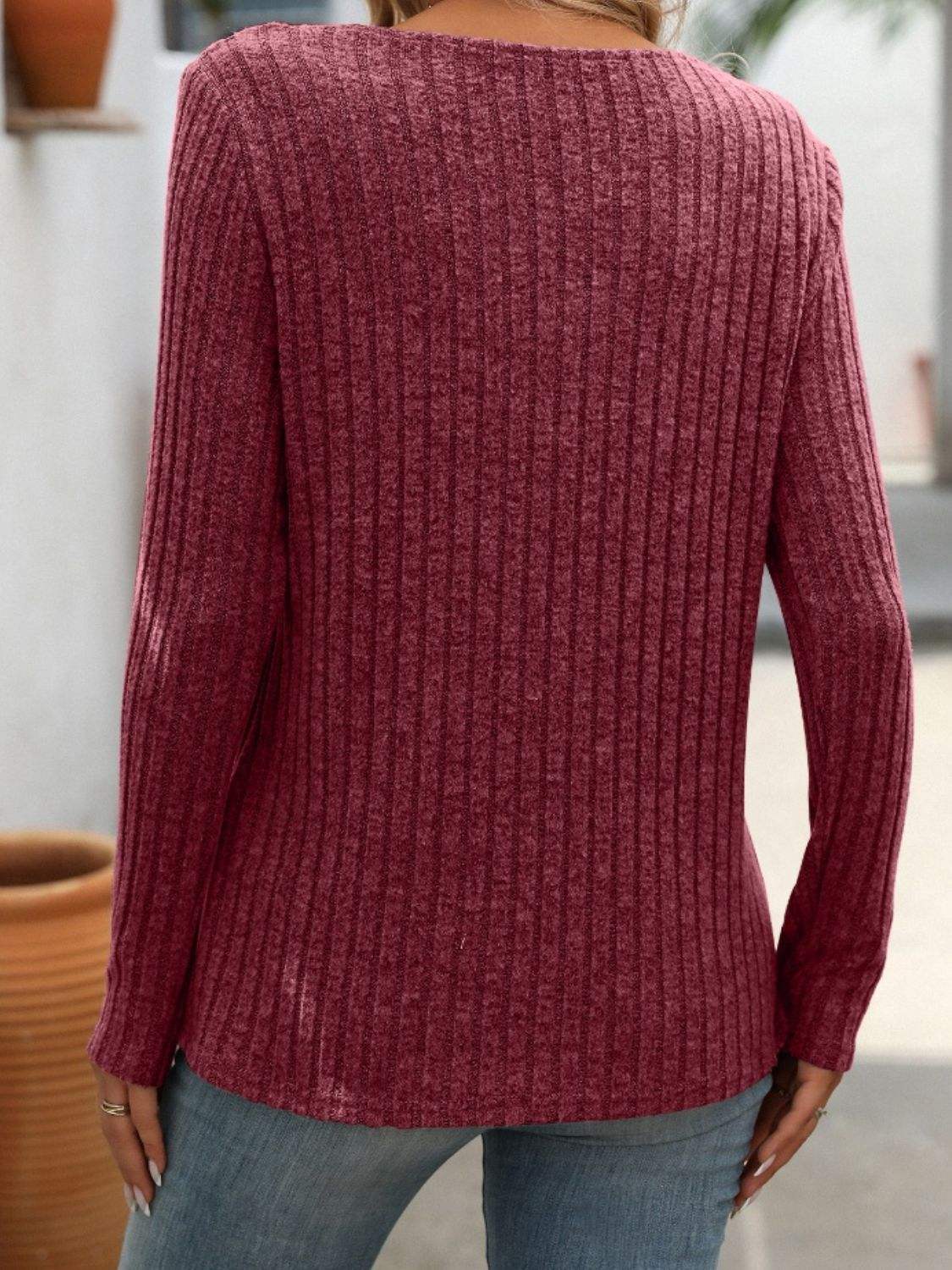 Ribbed V-Neck Long Sleeve T-Shirt - Trendsi - Flyclothing LLC