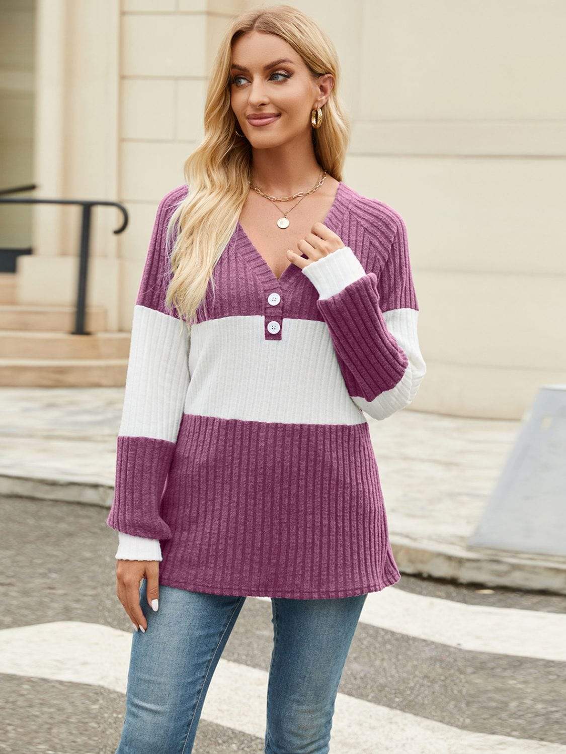 Color Block V-Neck Long Sleeve T-Shirt - Trendsi - Flyclothing LLC