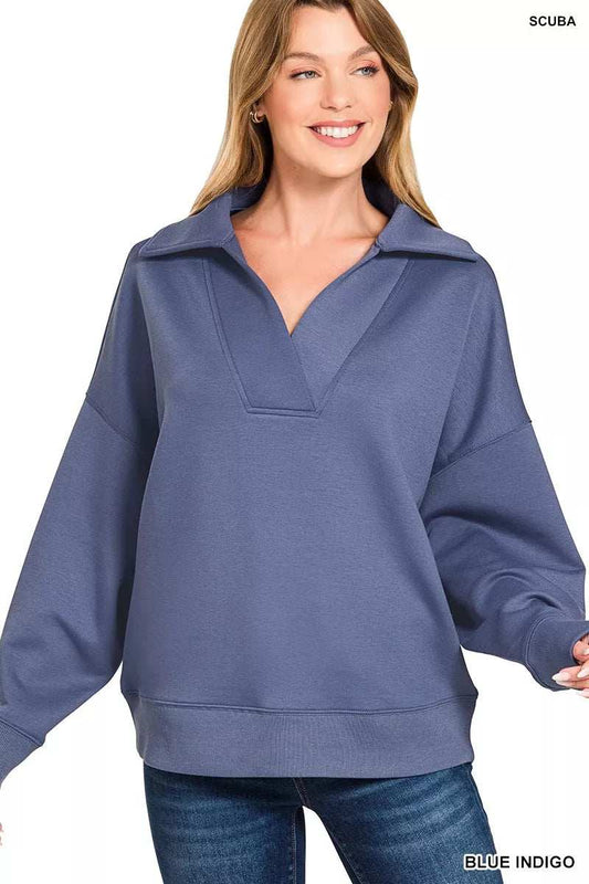 Zenana Scuba Collared Pullover and Pants Set - Trendsi - Flyclothing LLC