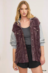 Umgee Contrast Hooded Chenille Jacket - Trendsi - Flyclothing LLC