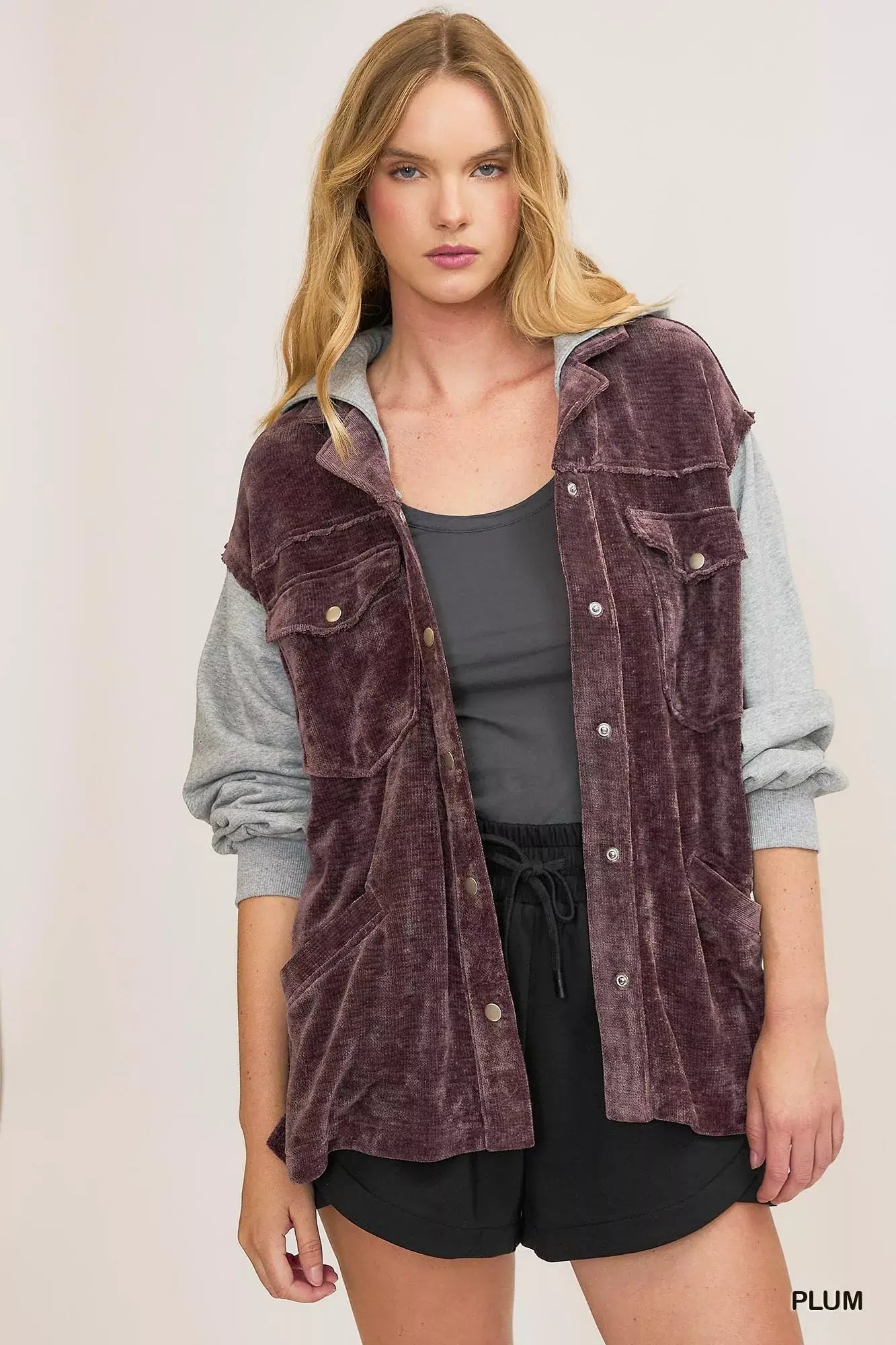 Umgee Contrast Hooded Chenille Jacket - Trendsi - Flyclothing LLC