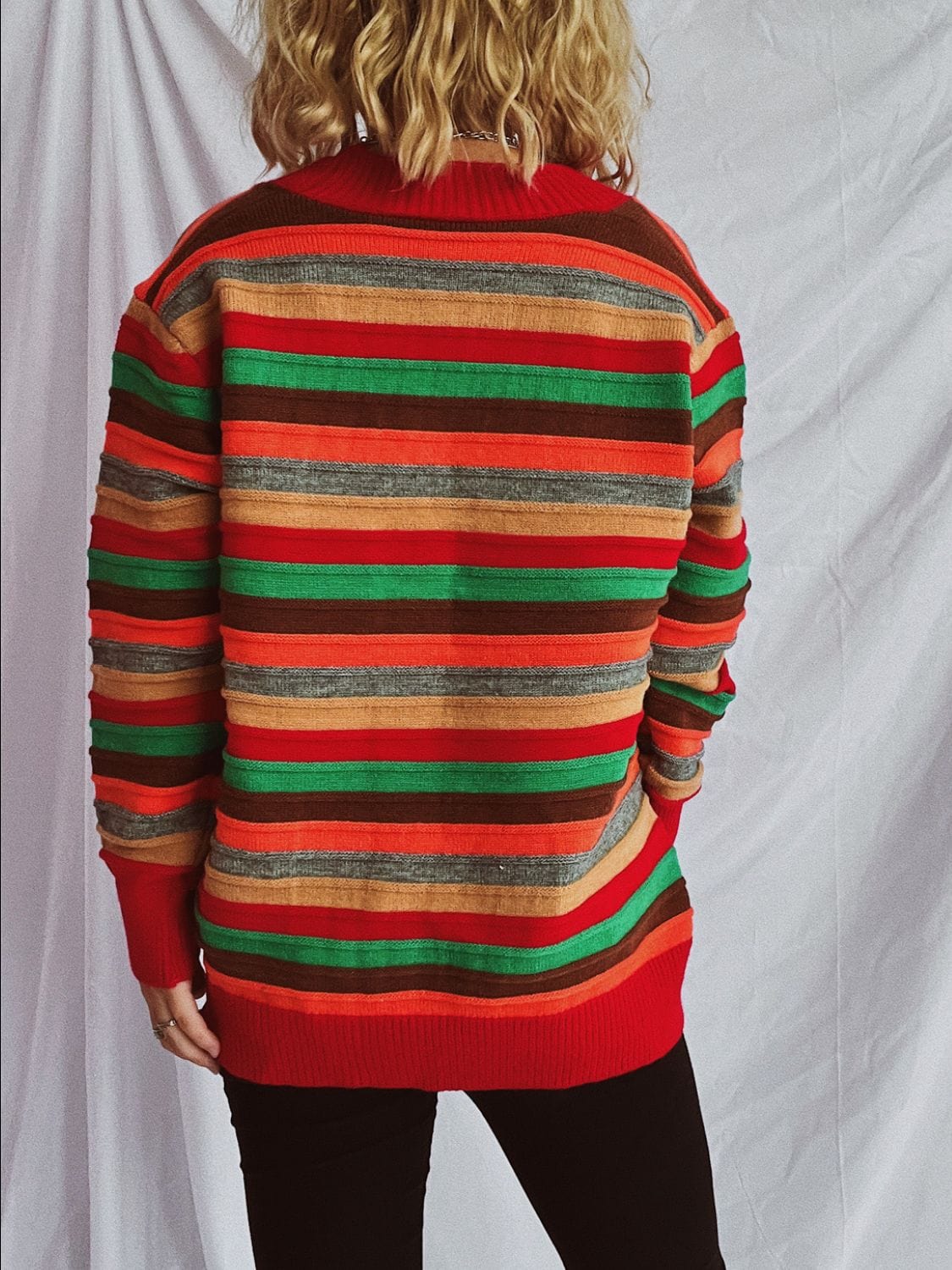 Contrast Stripes Button Up Long Sleeve Cardigan - Trendsi
