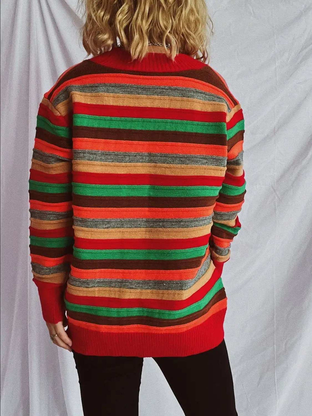 Contrast Stripes Button Up Long Sleeve Cardigan - Trendsi - Flyclothing LLC