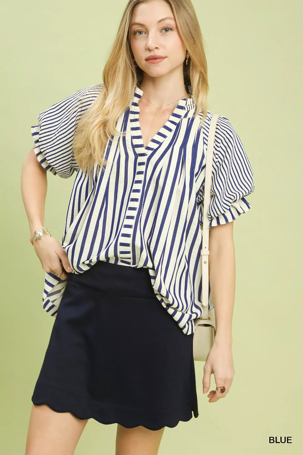 Umgee Striped Notched Top with Short Flutter Sleeves - Trendsi - Flyclothing LLC