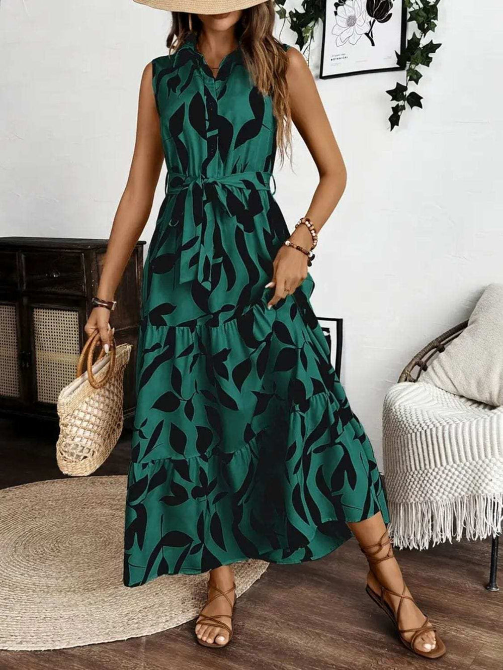 Printed Tie Waist Sleeveless Maxi Dress - Trendsi - Flyclothing LLC