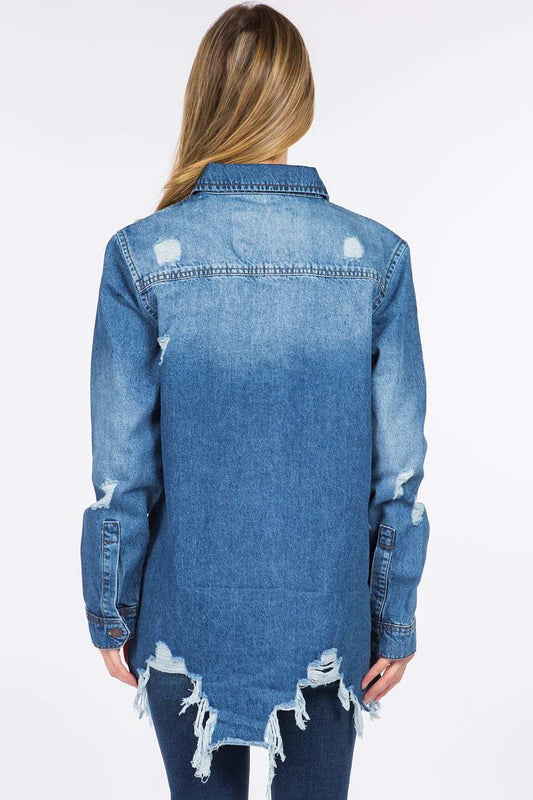 American Bazi Distressed Frayed Hem Denim Jacket - Trendsi - Flyclothing LLC
