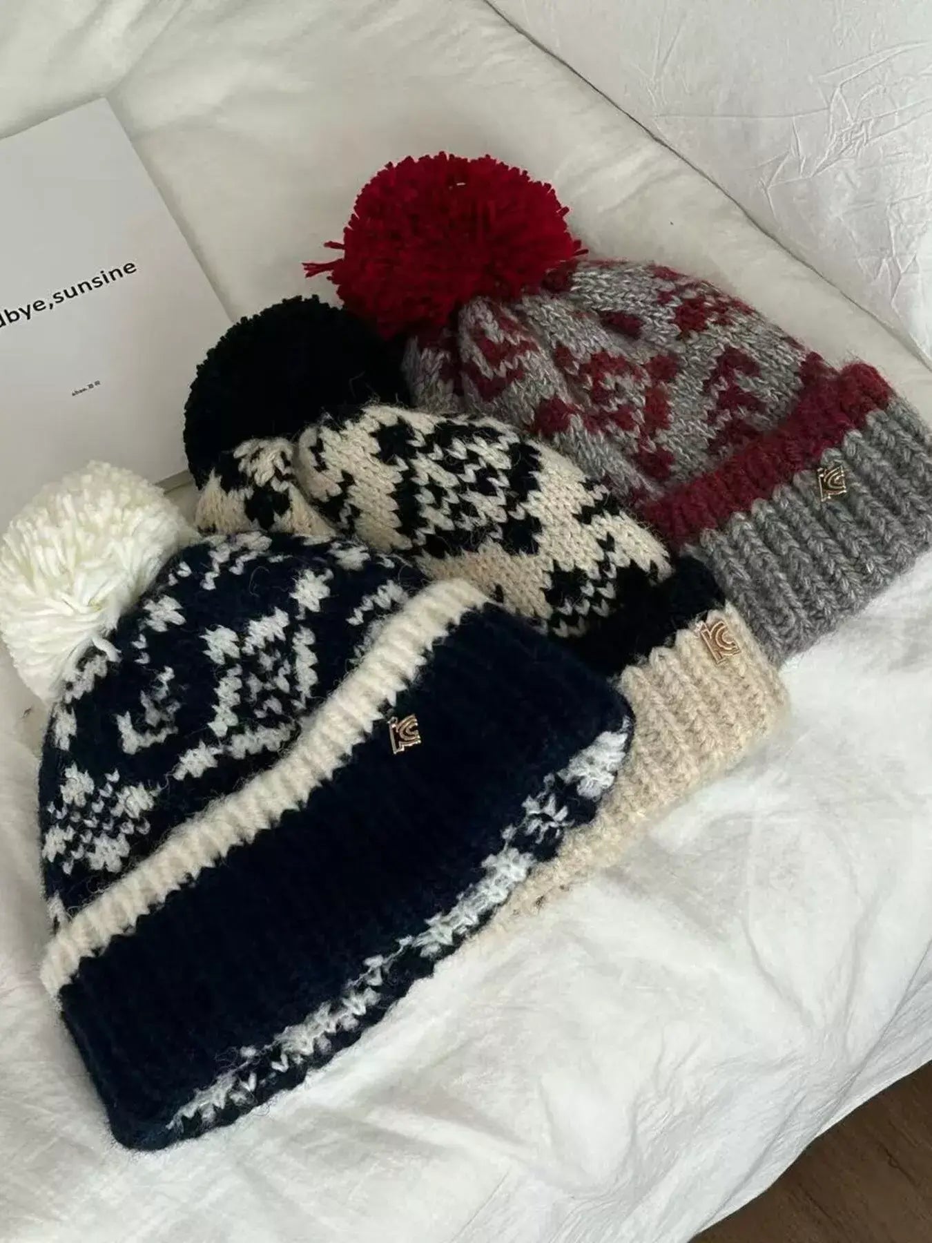 Snowflake Knitted Beanie Hat with Pom Pom - Trendsi - Flyclothing LLC