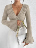 Ribbed Flare Sleeve Top - Trendsi