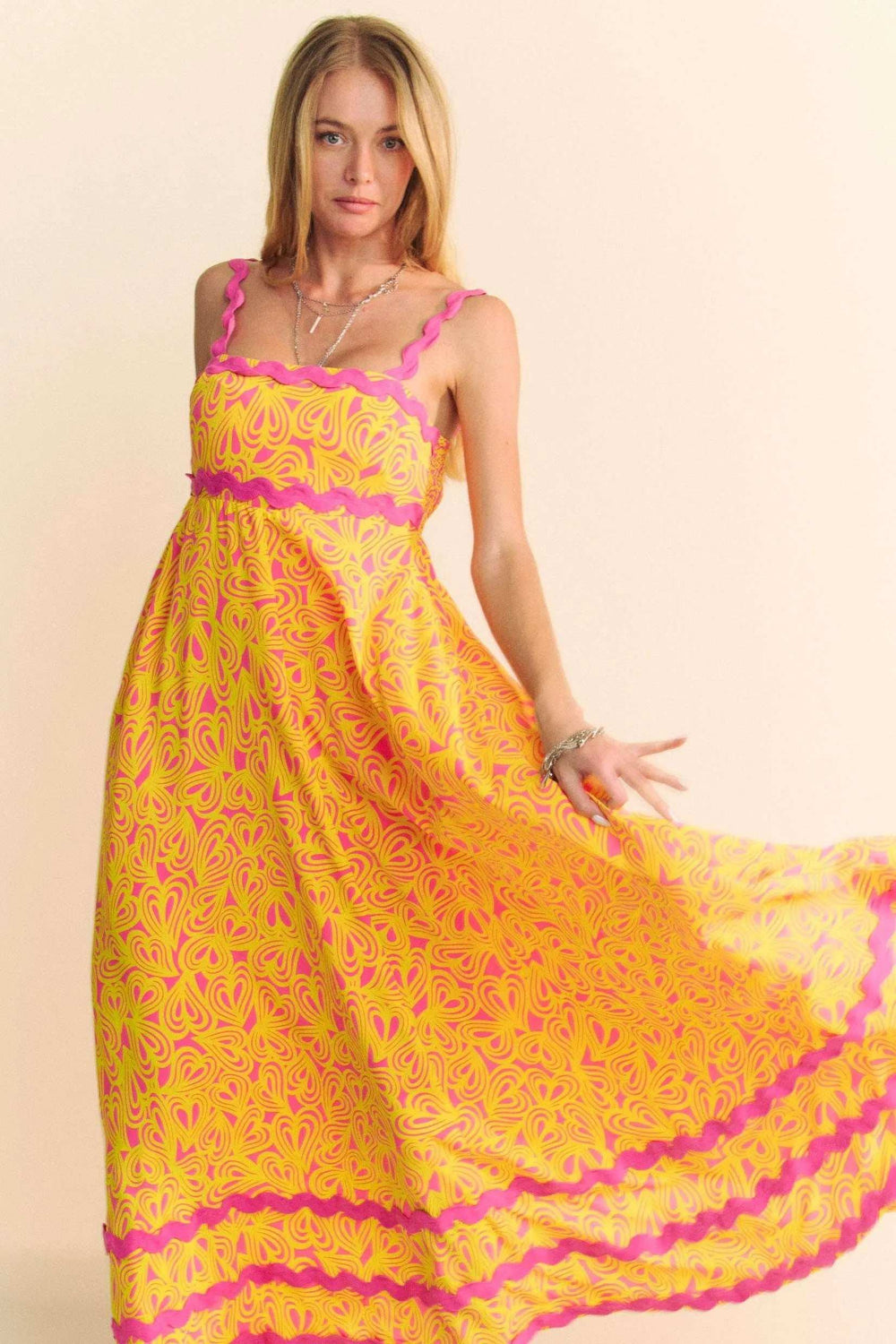 Davi & Dani Geo 2 Tone Printed Wavi Trim Tiered Maxi Dress - Trendsi - Flyclothing LLC