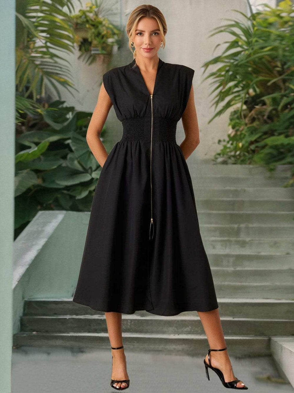 Smocked Zip Front Cap Sleeve Dress - Trendsi - Flyclothing LLC