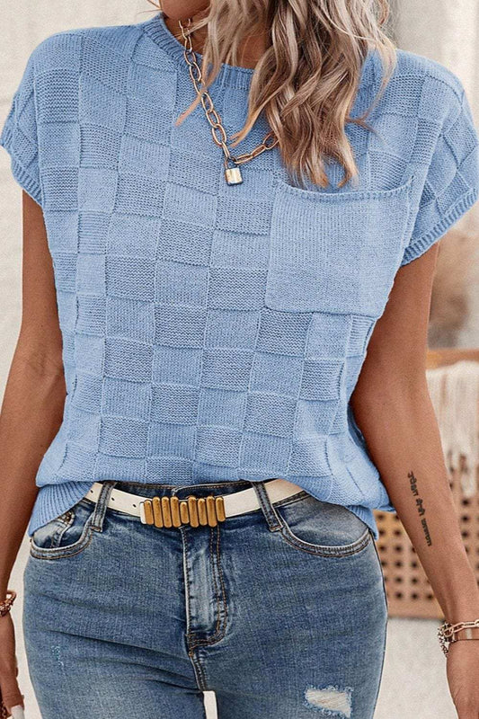 Pocketed Checkered Round Neck Knit Top - Trendsi - Flyclothing LLC