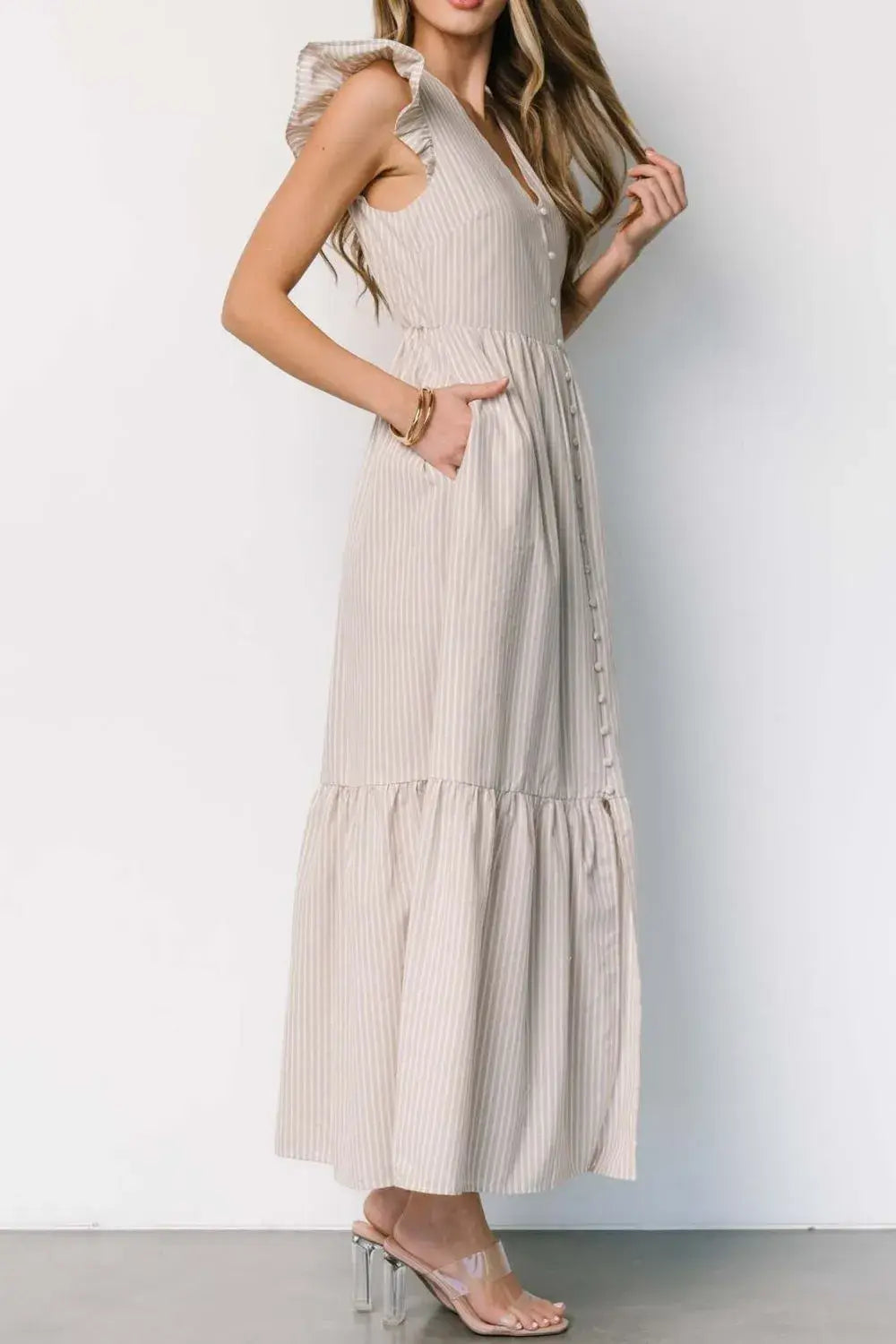 Slit Striped V-Neck Ruffled Cap Sleeve Dress - Trendsi - Flyclothing LLC