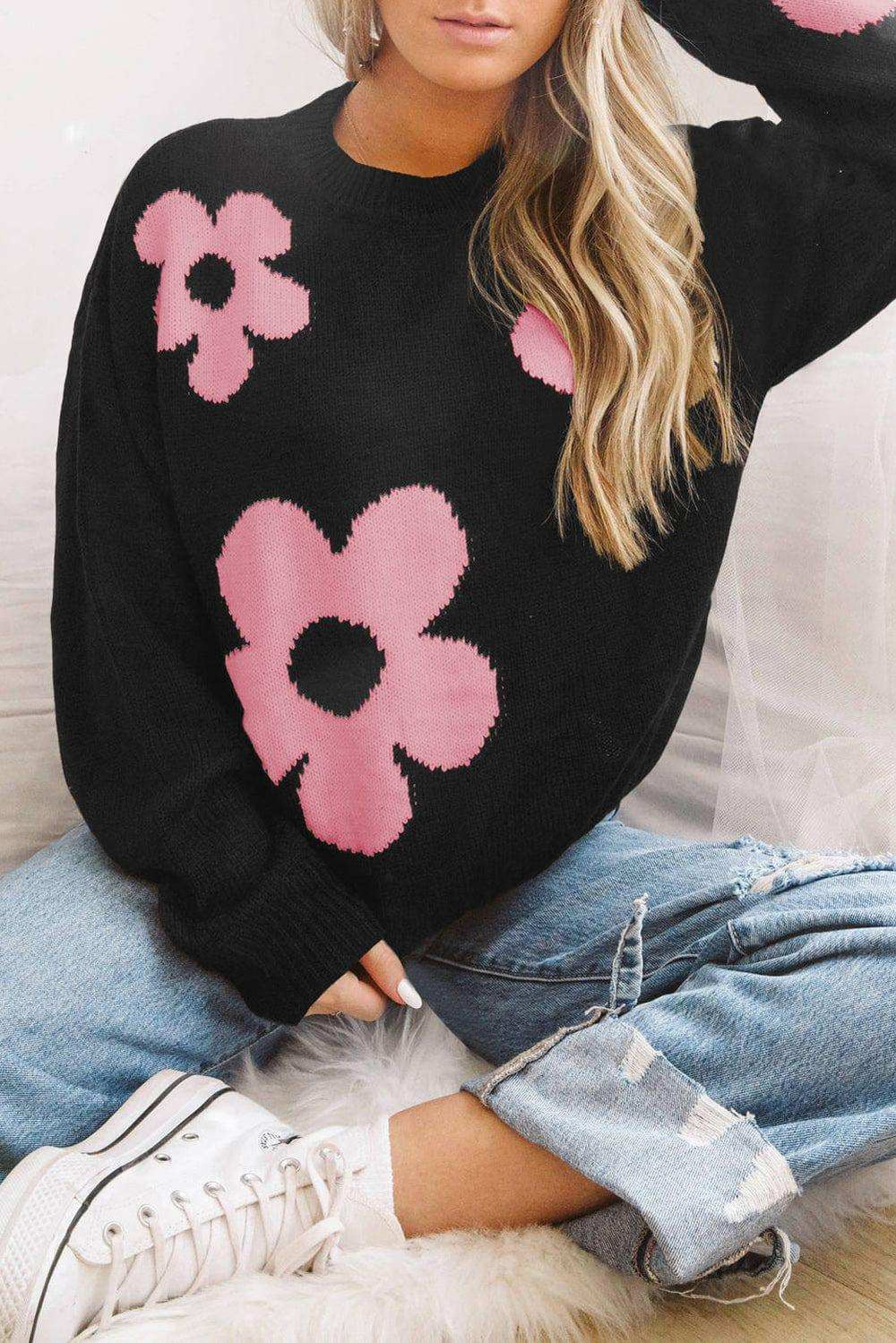 Round Neck Floral Pattern Color Contrast Design Long Sleeve Sweater - Trendsi - Flyclothing LLC