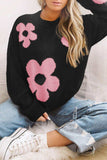 Round Neck Floral Pattern Color Contrast Design Long Sleeve Sweater - Trendsi - Flyclothing LLC