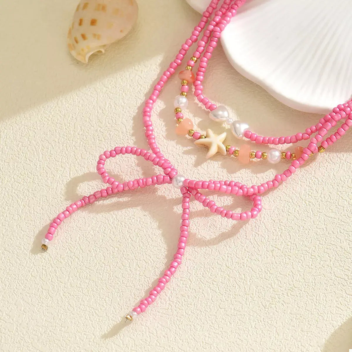 Beaded Three-Layered Necklace with Bow and Starfish Charms - Trendsi - Flyclothing LLC