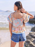 Printed Sweetheart Neck Layered Short Sleeve Blouse - Trendsi - Flyclothing LLC