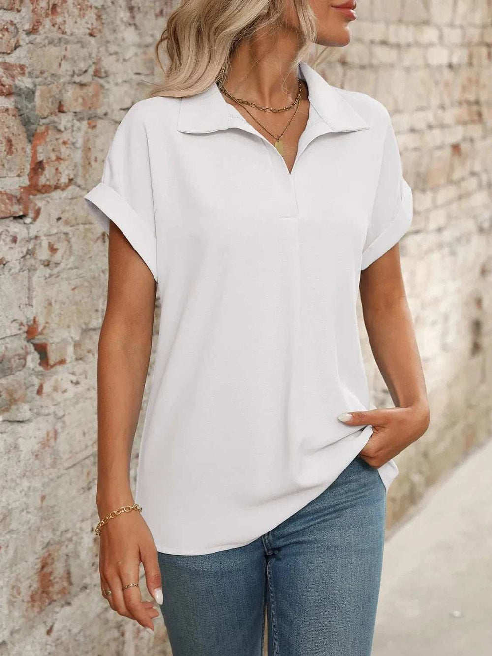 Collared Neck Short Sleeve Blouse - Trendsi - Flyclothing LLC