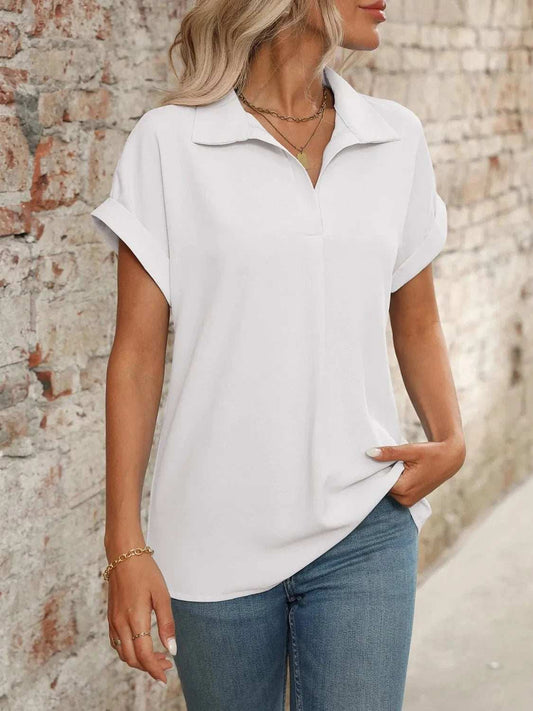 Collared Neck Short Sleeve Blouse - Trendsi - Flyclothing LLC