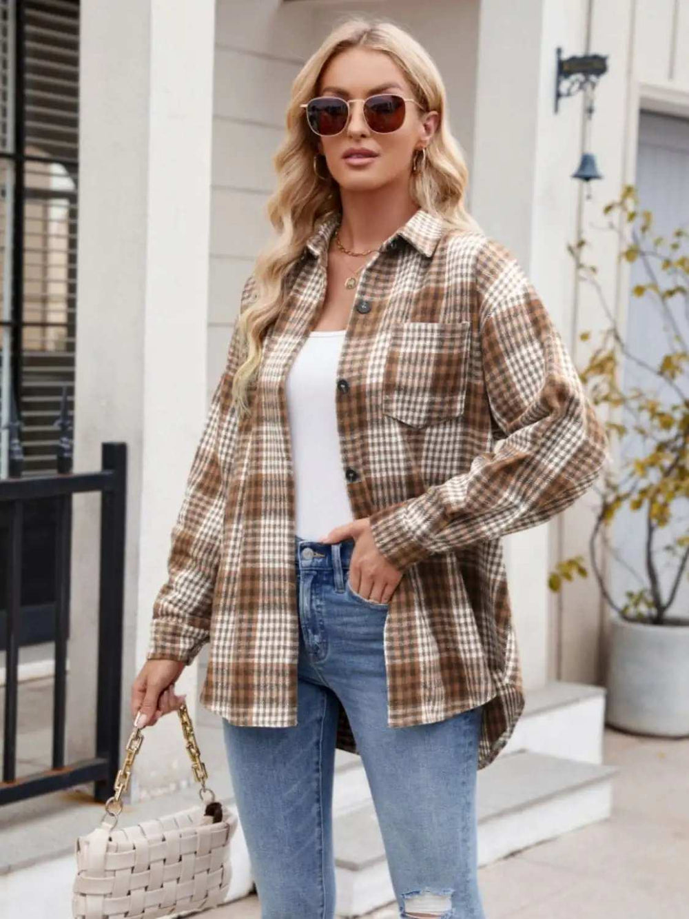 Pocketed Plaid Collared Neck Long Sleeve Shirt - Trendsi - Flyclothing LLC