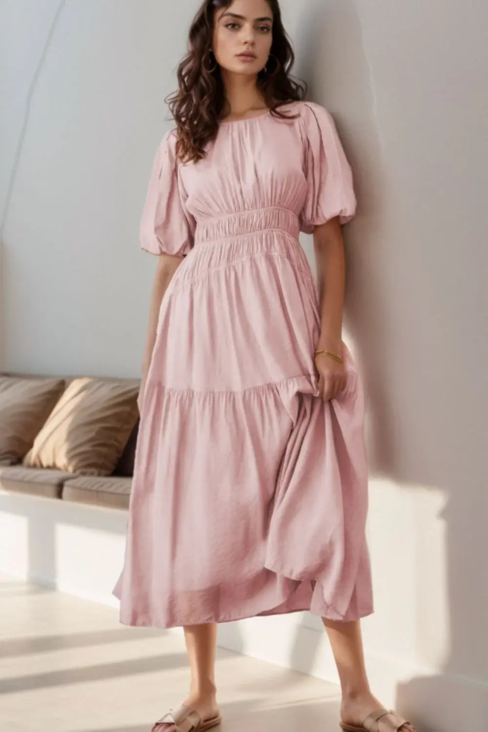 Puff Sleeve Pleated High Waist Flowy Midi Dress - Trendsi - Flyclothing LLC