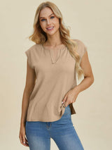 Double Take Full Size Notched Cap Sleeve Knit Top - Trendsi - Flyclothing LLC