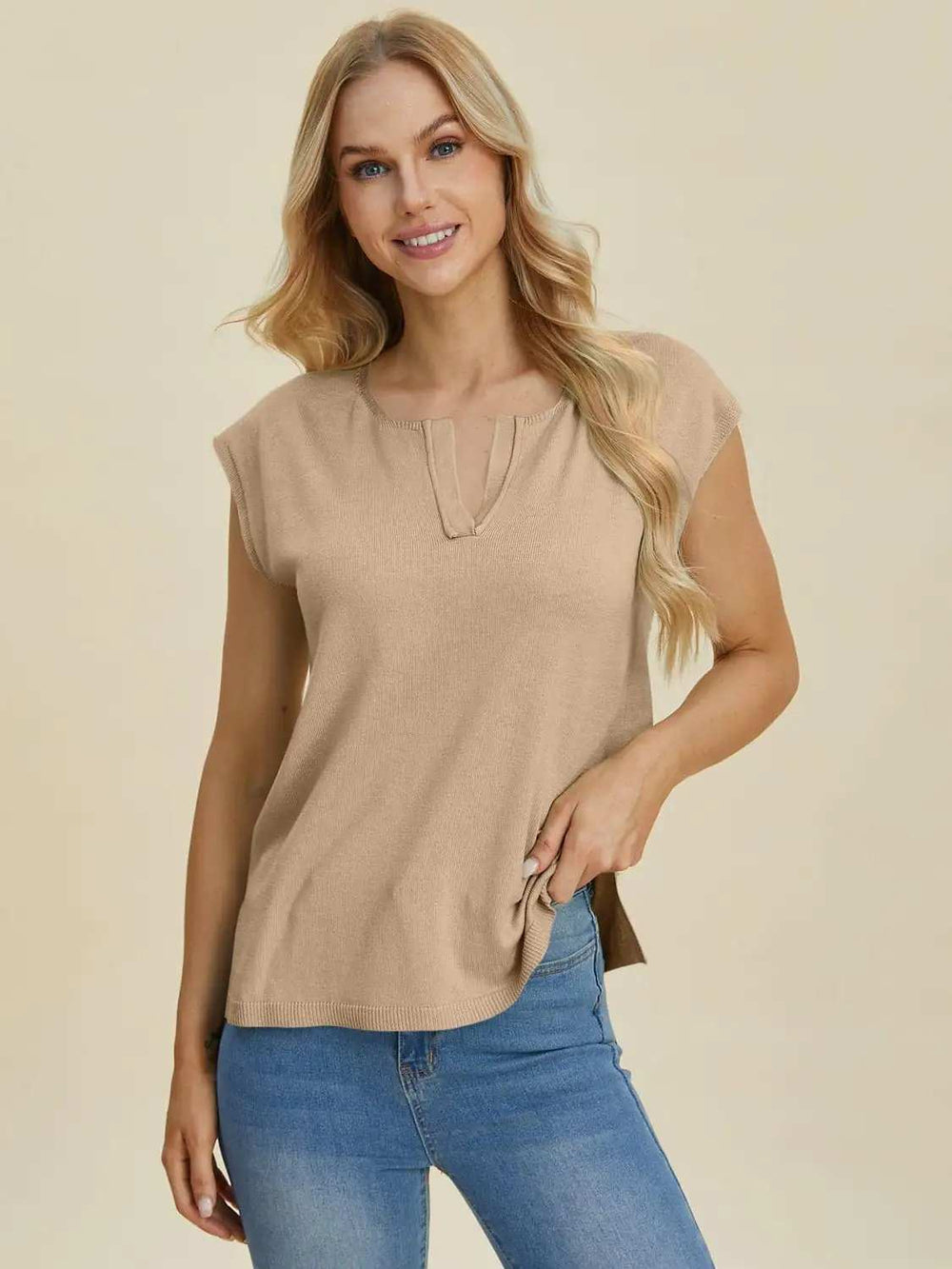 Double Take Full Size Notched Cap Sleeve Knit Top - Trendsi - Flyclothing LLC