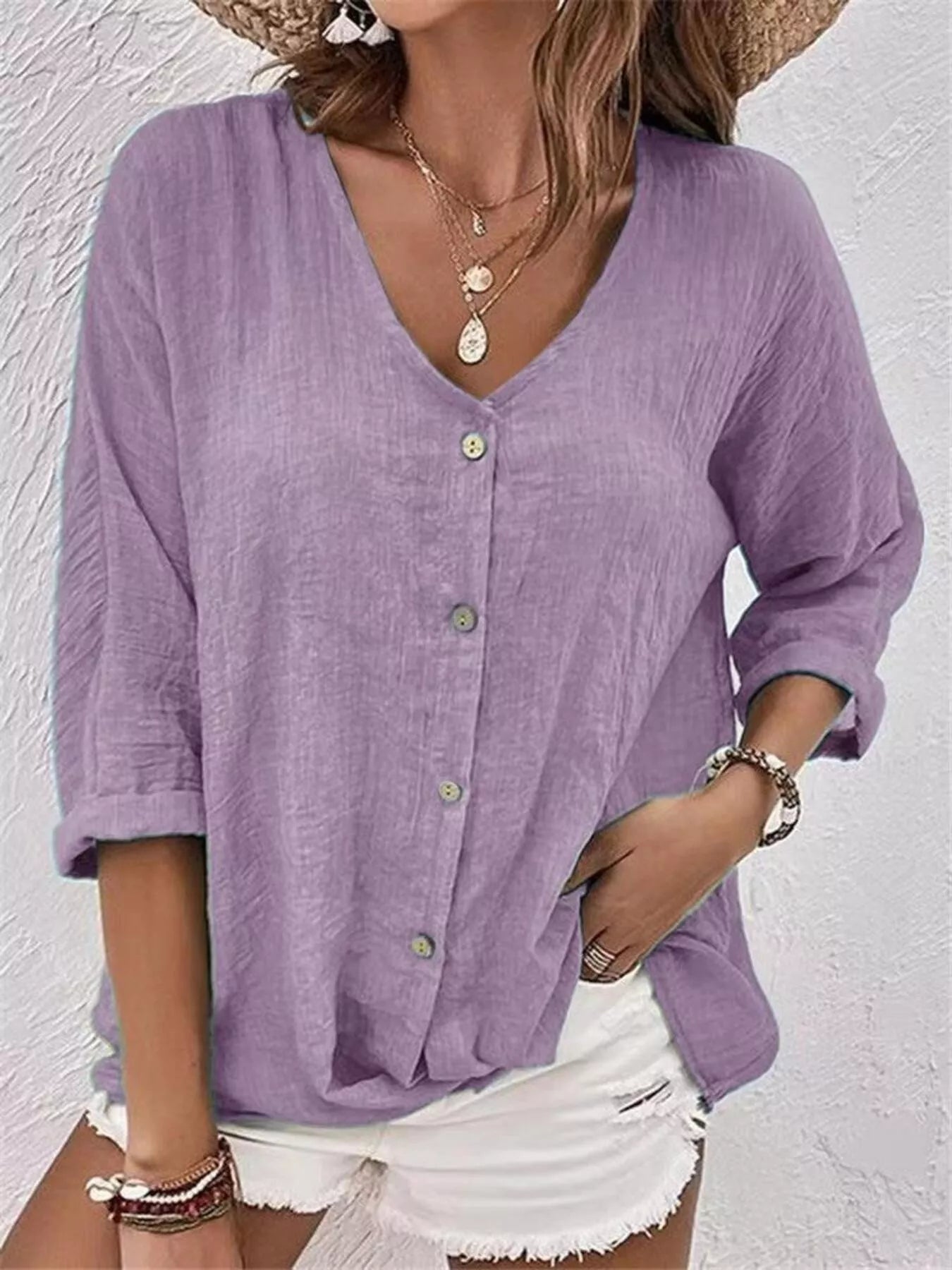 Full Size Casual V-Neck Button-Down Blouse Plus Size - Trendsi - Flyclothing LLC