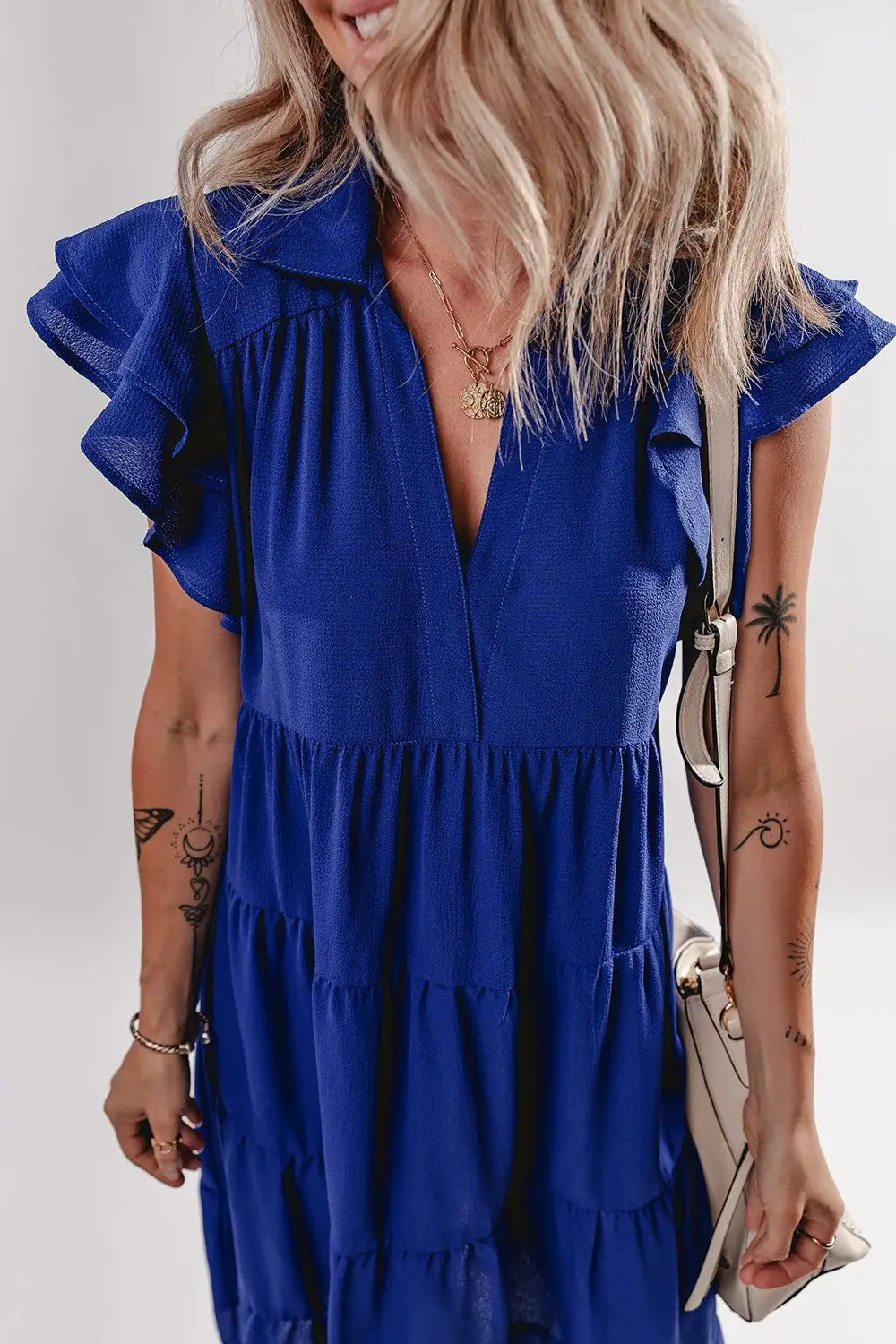 Ruffled Short Sleeve Collared V Neck Tiered Midi Dress - Trendsi - Flyclothing LLC