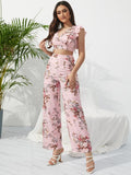 Printed Surplice Cap Sleeve Top and Pants Set - Trendsi