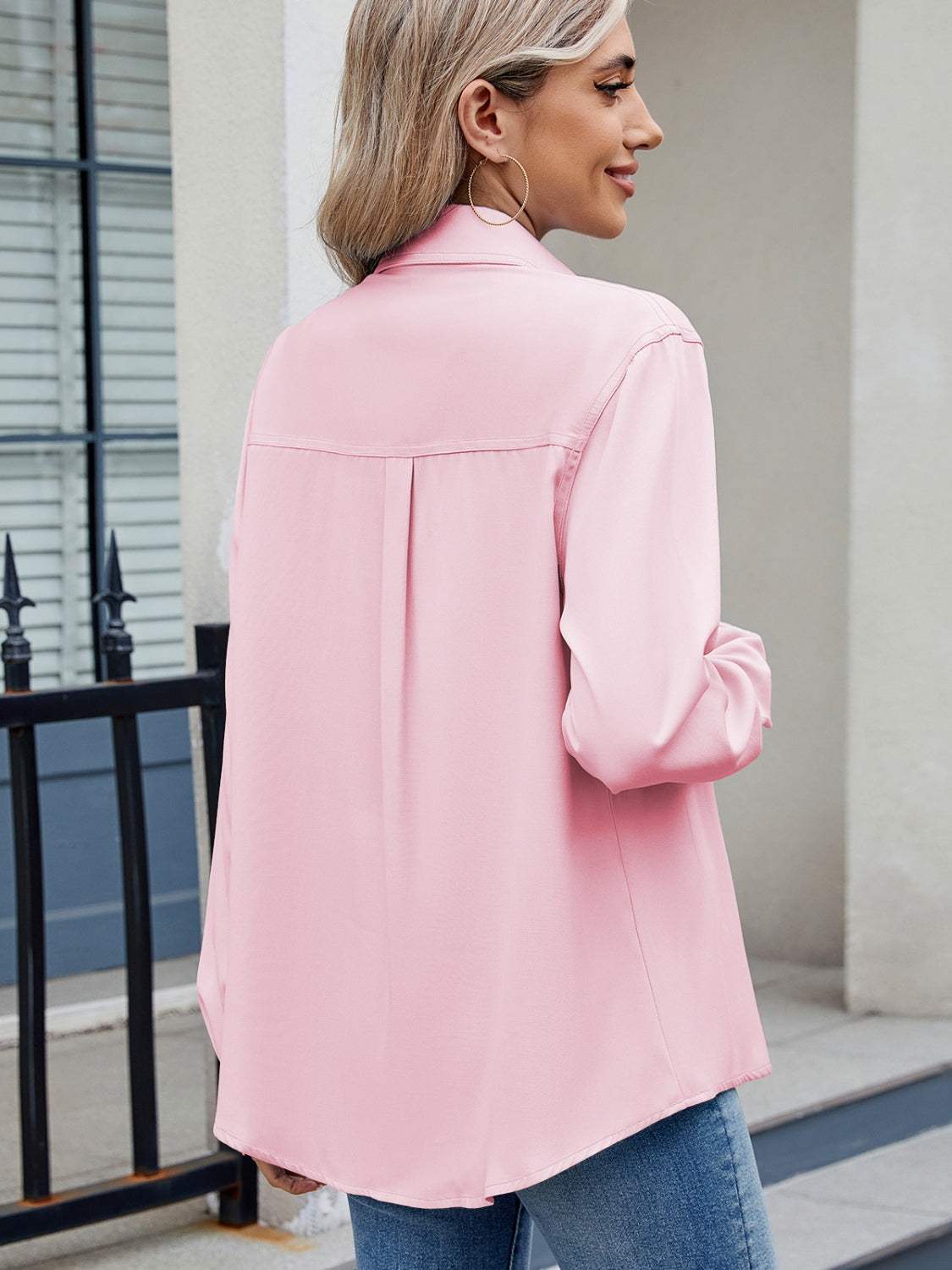 Solid Color Collared Neck Long Sleeve Shirt - Trendsi - Flyclothing LLC