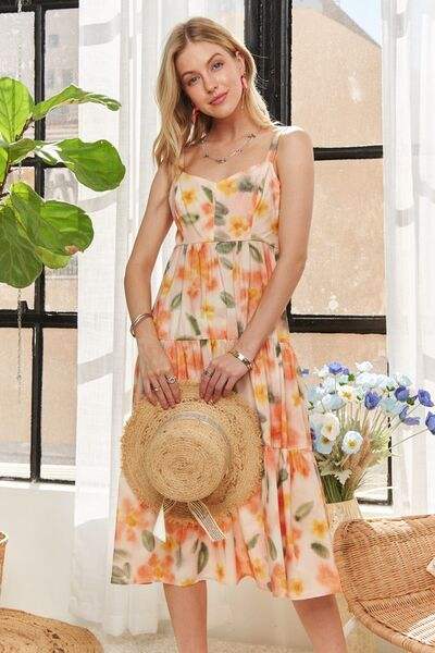 ADORA Smocked Back Floral Adjustable Strap Midi Dress - Trendsi - Flyclothing LLC