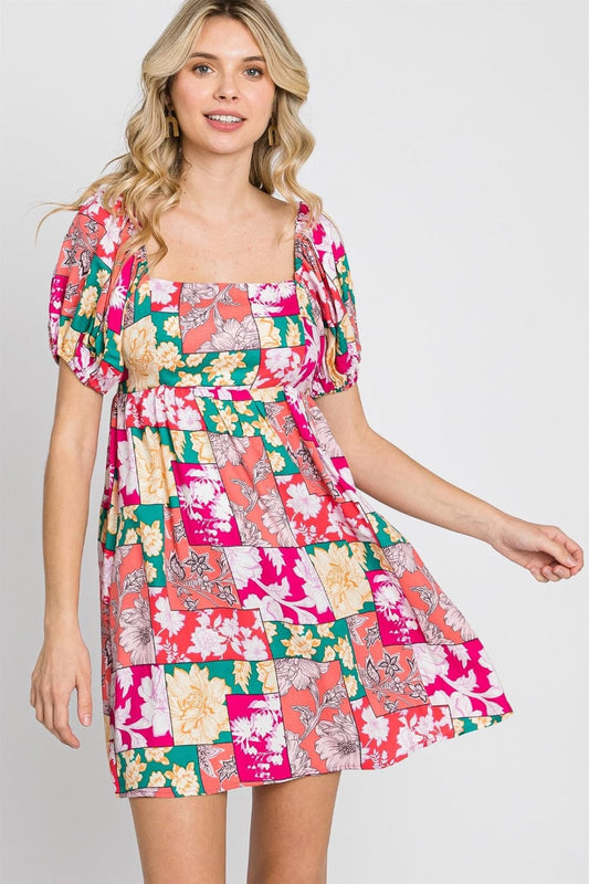 GeeGee Floral Ruff Sleeve Mini Dress - Trendsi