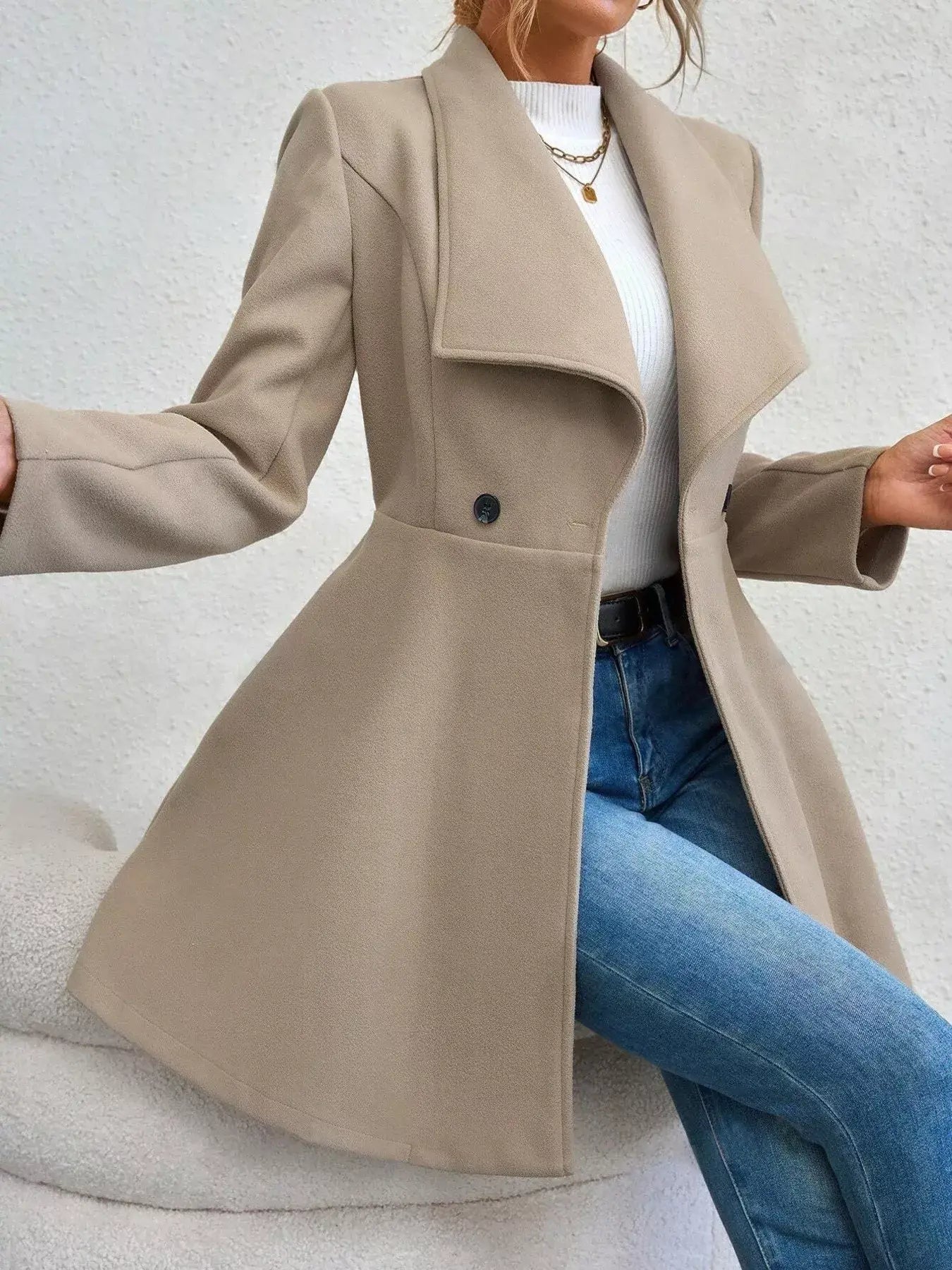 Collared Neck Double Breasted Coat - Trendsi - Flyclothing LLC