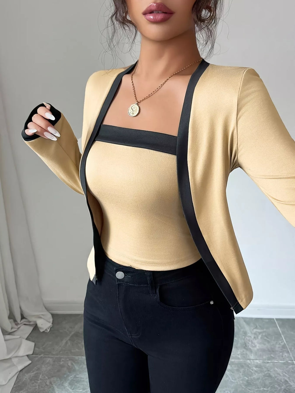 Contrast Trim Long Sleeve Top - Trendsi - Flyclothing LLC