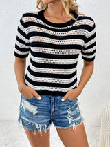 Openwork Striped Round Neck Short Sleeve Knit Top - Trendsi - Flyclothing LLC