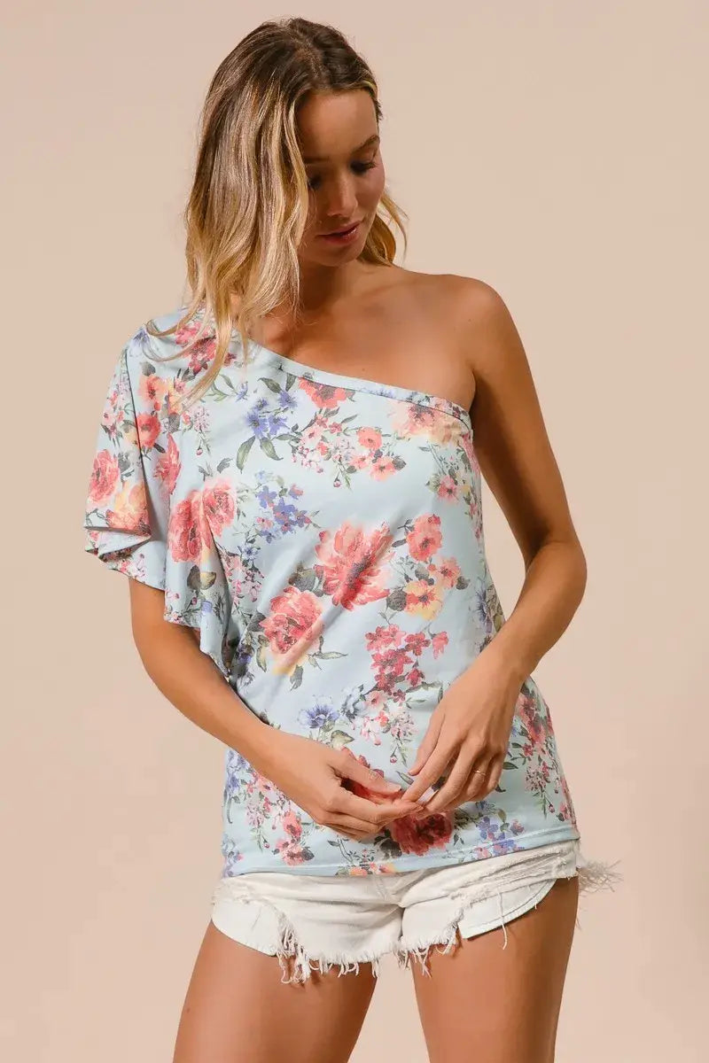 BiBi Floral Printed Jersey Knit Ruffle Sleeve Top - Trendsi - Flyclothing LLC