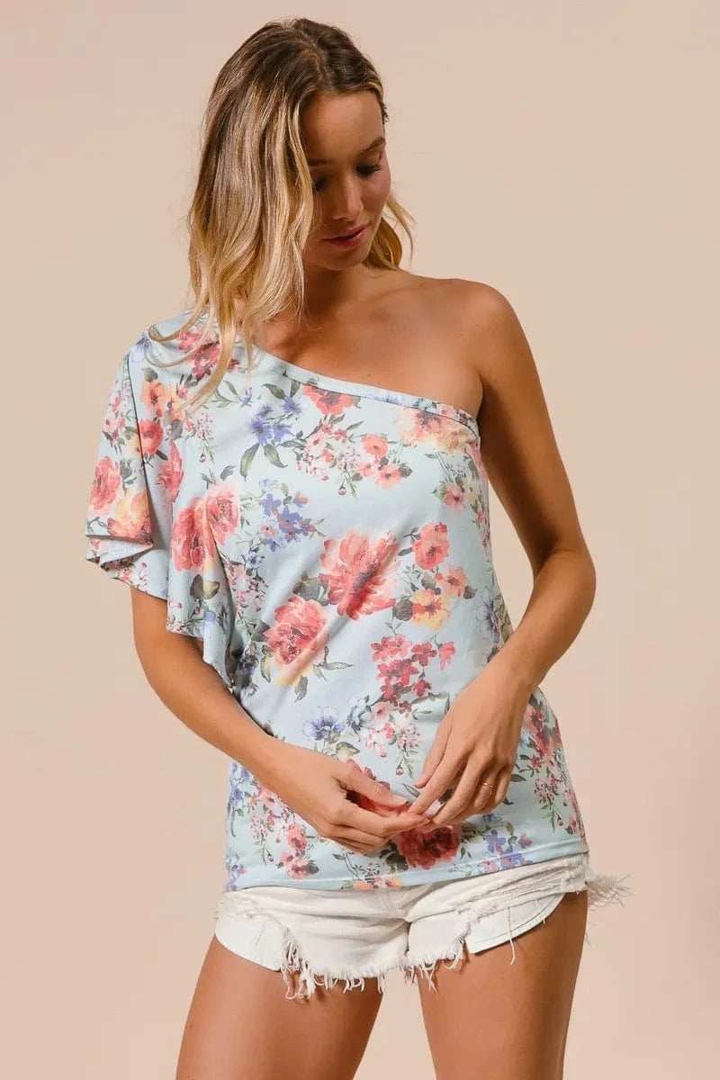 BiBi Floral Printed Jersey Knit Ruffle Sleeve Top - Trendsi - Flyclothing LLC