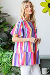 Heimish Full Size Short Sleeve Striped Tiered Top - Trendsi - Flyclothing LLC