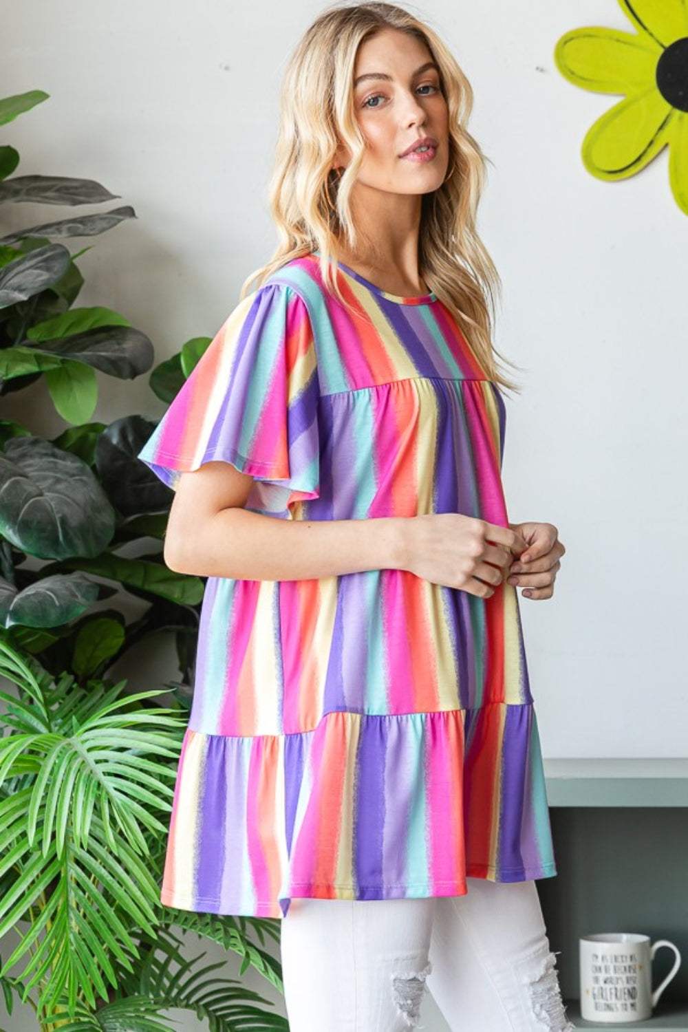 Heimish Full Size Short Sleeve Striped Tiered Top - Trendsi - Flyclothing LLC