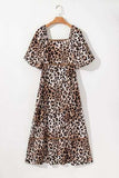 Leopard Square Neck Puff Sleeve Maxi Dress - Trendsi - Flyclothing LLC