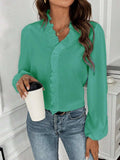 Ruffled V-Neck Long Sleeve Blouse - Trendsi - Flyclothing LLC