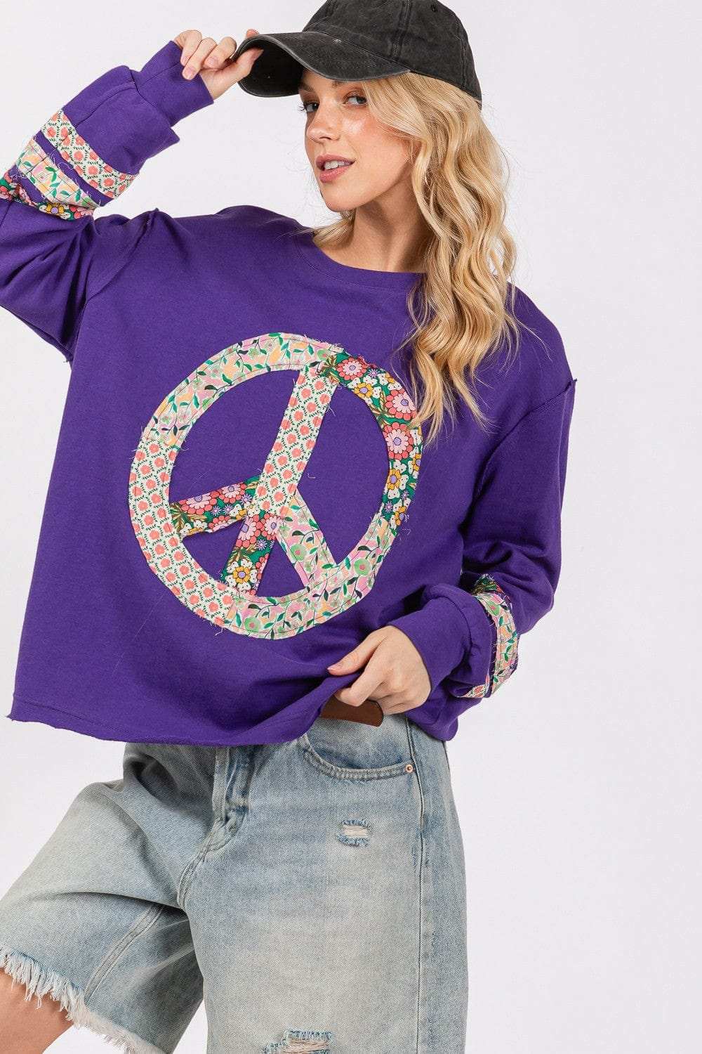 SAGE+FIG Peace Applique Patch Long Sleeve Top - Trendsi - Flyclothing LLC