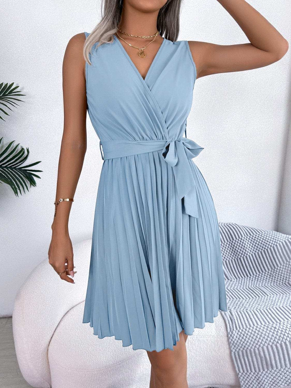 Tied Surplice Sleeveless Pleated Dress - Trendsi - Flyclothing LLC