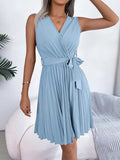 Tied Surplice Sleeveless Pleated Dress - Trendsi - Flyclothing LLC