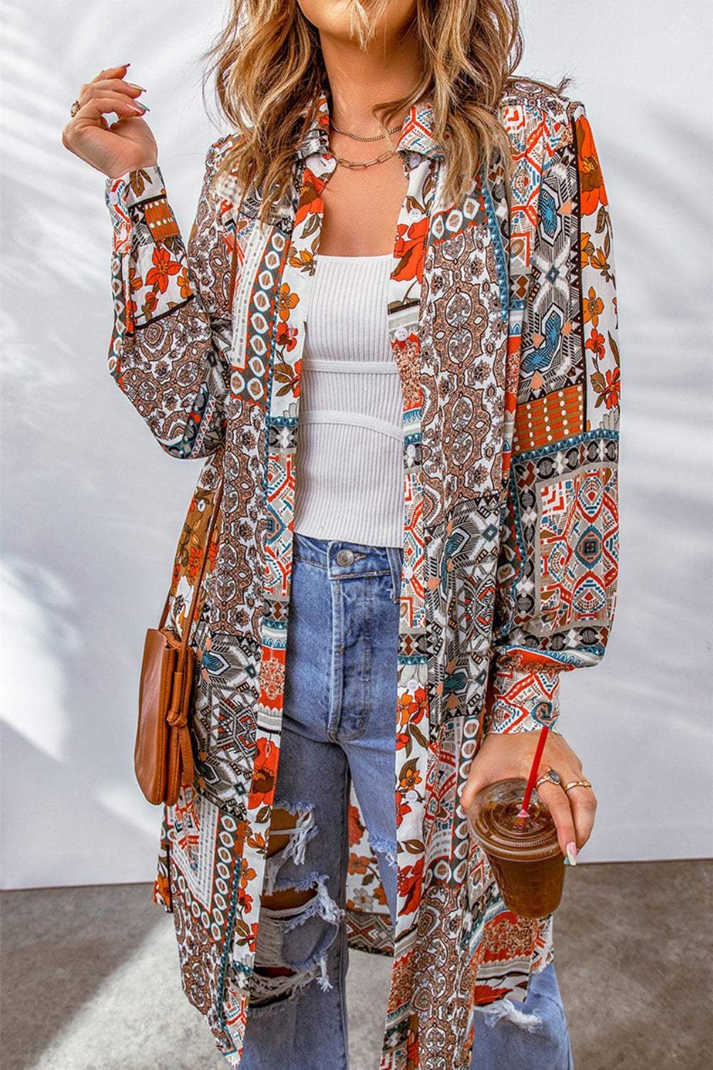 Printed Button Up Long Sleeve Cardigan - Trendsi - Flyclothing LLC