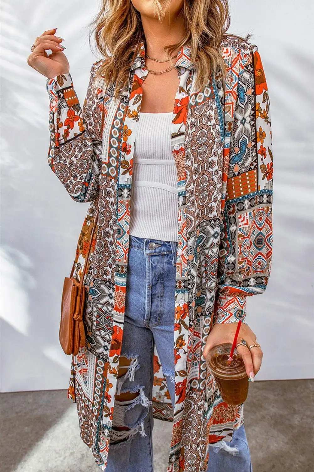 Printed Button Up Long Sleeve Cardigan - Trendsi - Flyclothing LLC